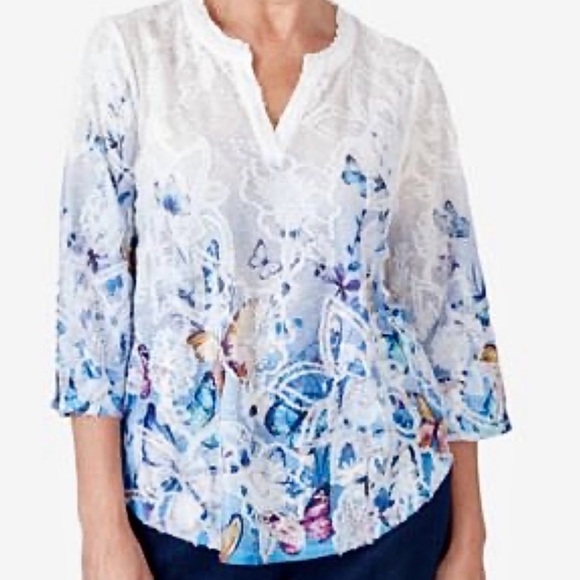 Alfred Dunner Women's In Full Bloom Butterfly Border Jacquard V Neck Top NWT - Picture 5 of 14